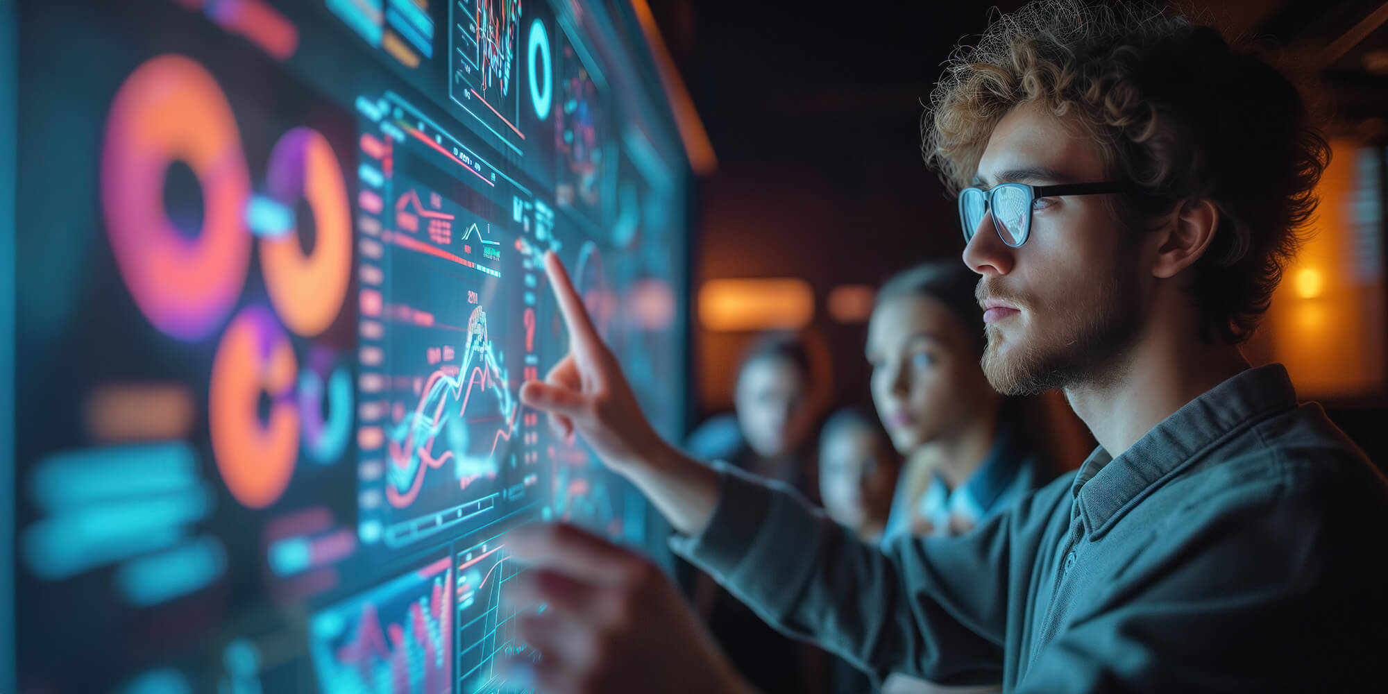 A man wearing glasses points at a screen while a group of people observes attentively in the background