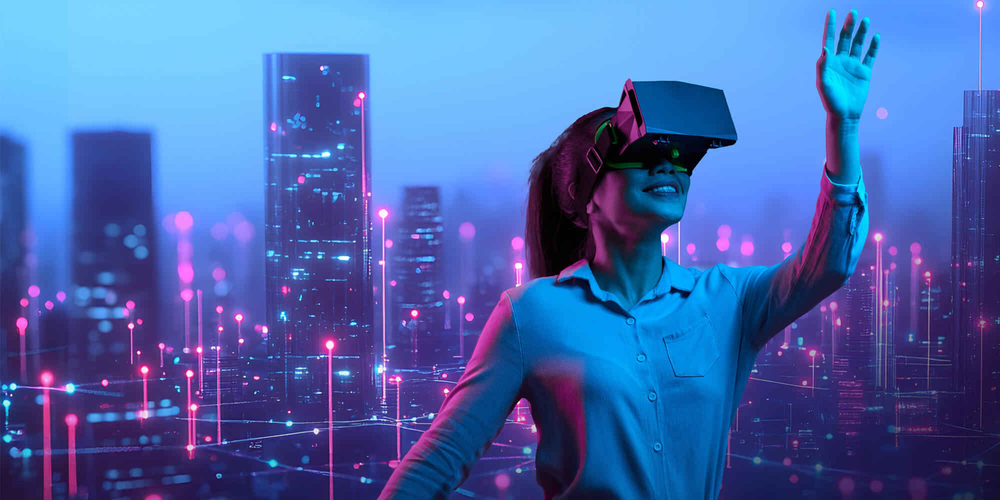 A woman wearing a virtual reality headset, immersed in a digital experience against a vibrant cityscape backdrop