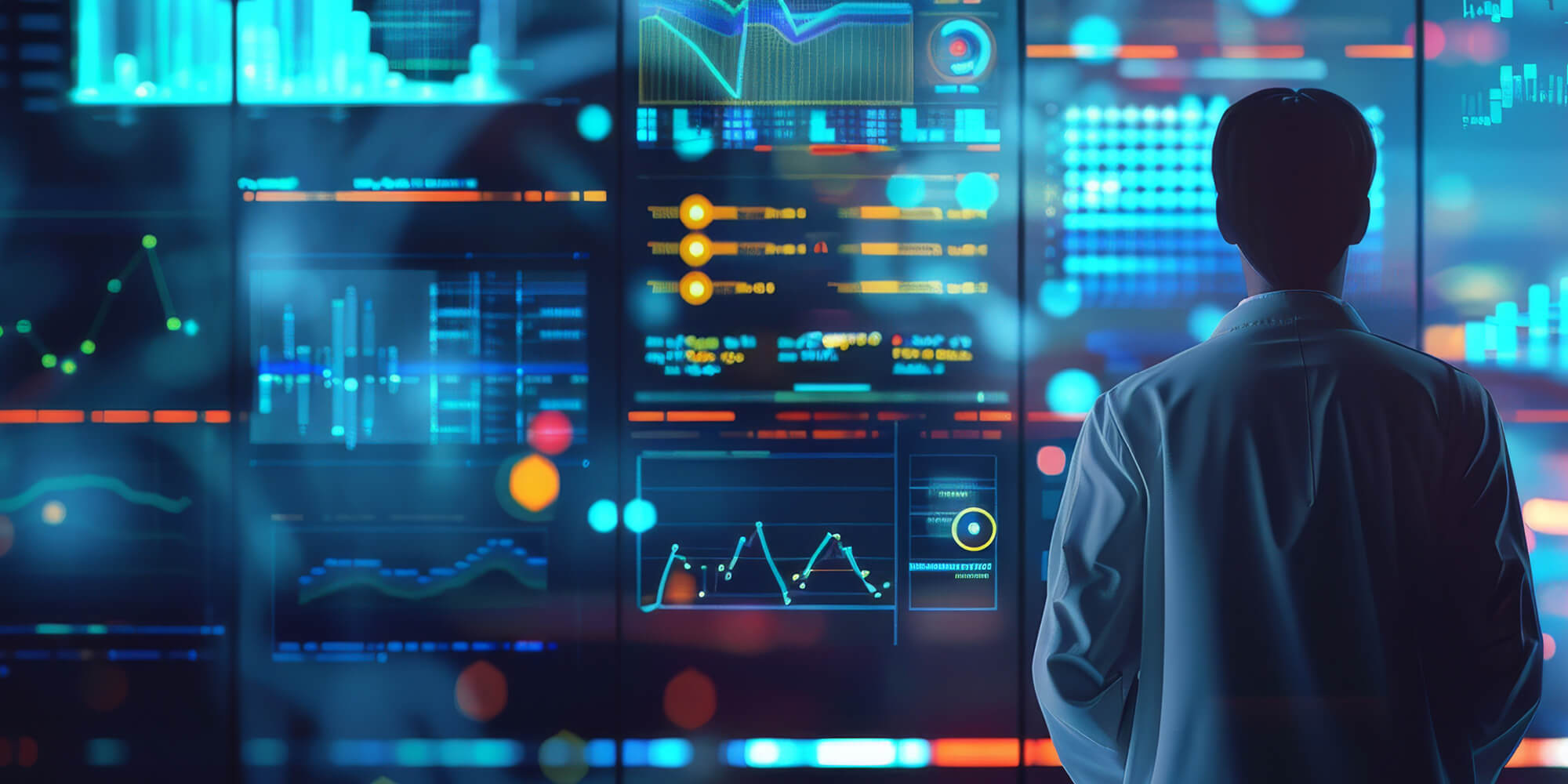 A man in a lab coat examines data on a computer screen in a laboratory setting