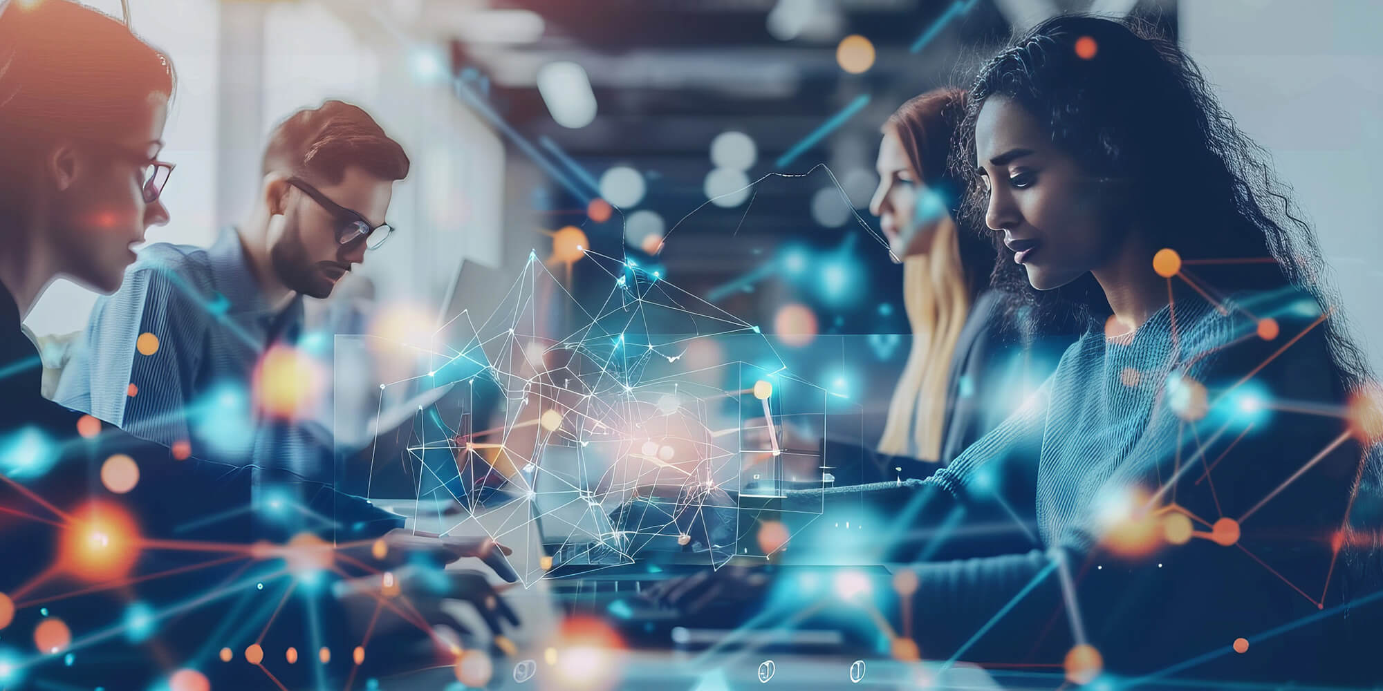 Group of people working and some tech graphics overlay on the image